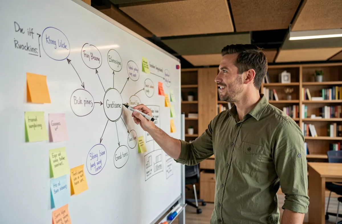 Homme présentant des idées innovantes sur un tableau blanc dans un espace de coworking