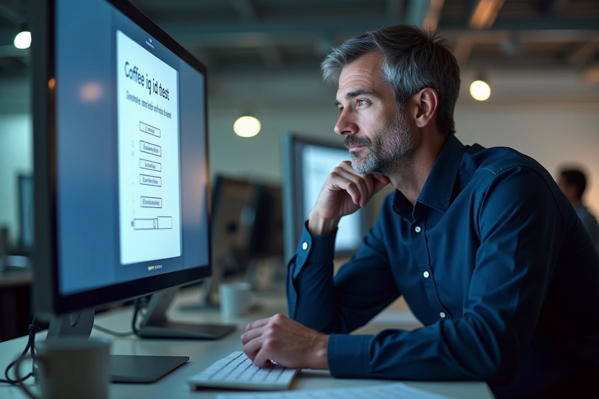 Homme d'affaires passant un test de QI en ligne sur ordinateur au bureau, comparaison entre évaluation gratuite et payante officielle