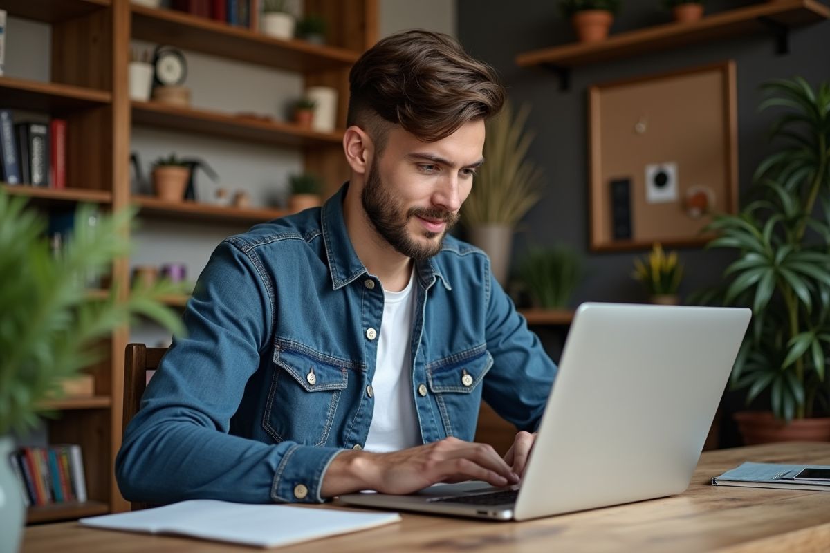 Homme en décontracté travaillant sur un ordinateur dans un bureau cosy