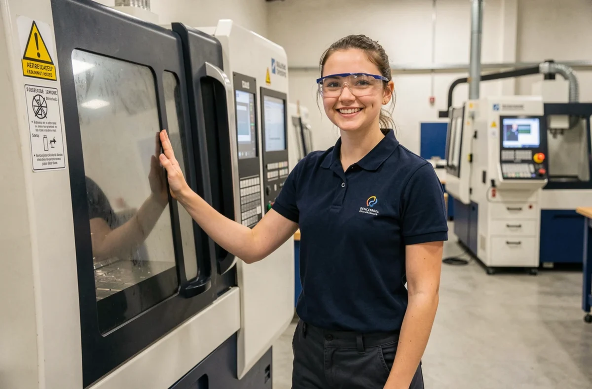 Étudiante de l'ICAM Toulouse en polo avec lunettes de sécurité posant devant une fraiseuse CNC dans l'atelier de formation
