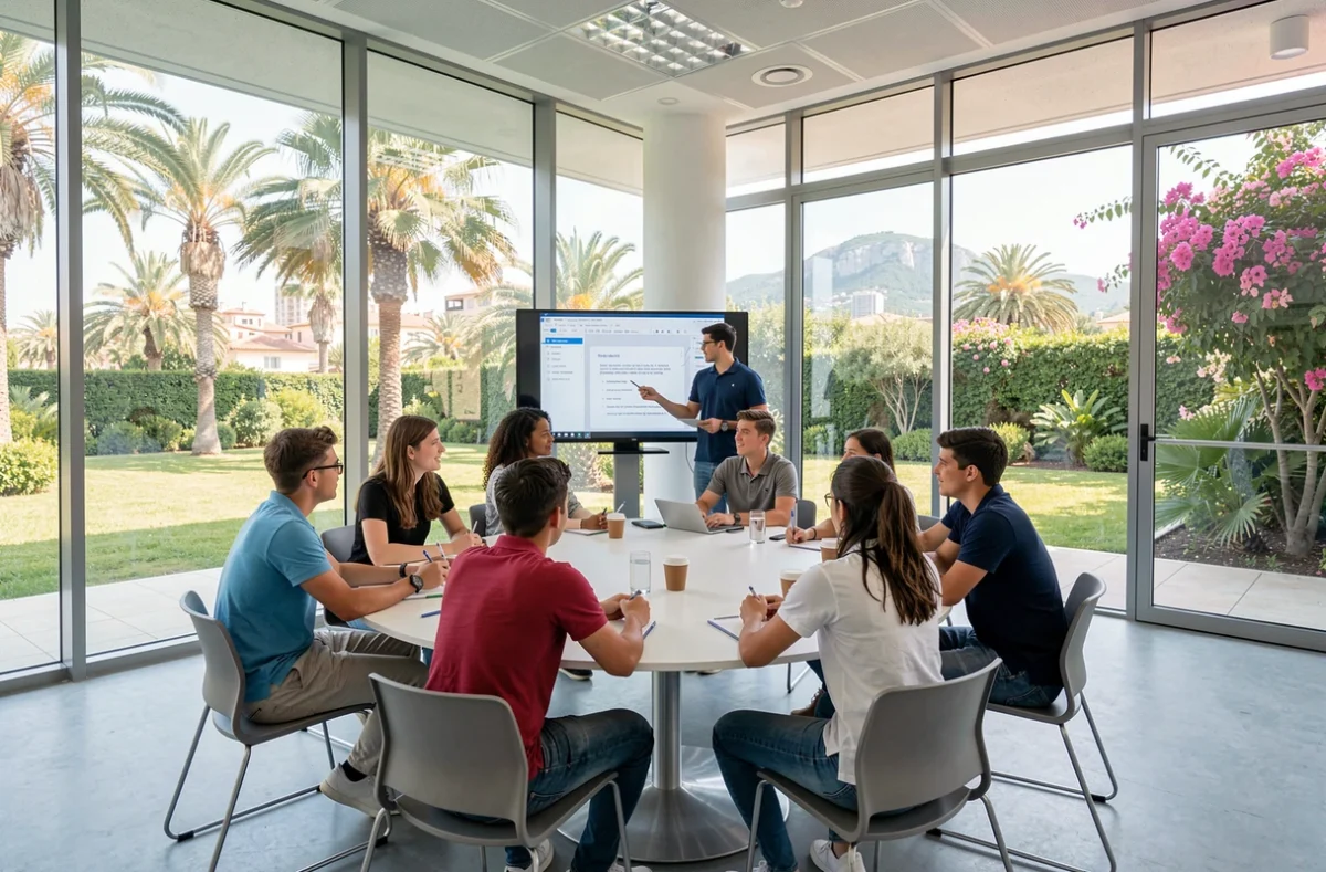Salle de classe moderne de l'ICS Côte d'Azur avec des élèves adolescents en discussion autour de tables rondes face à un tableau interactif numérique