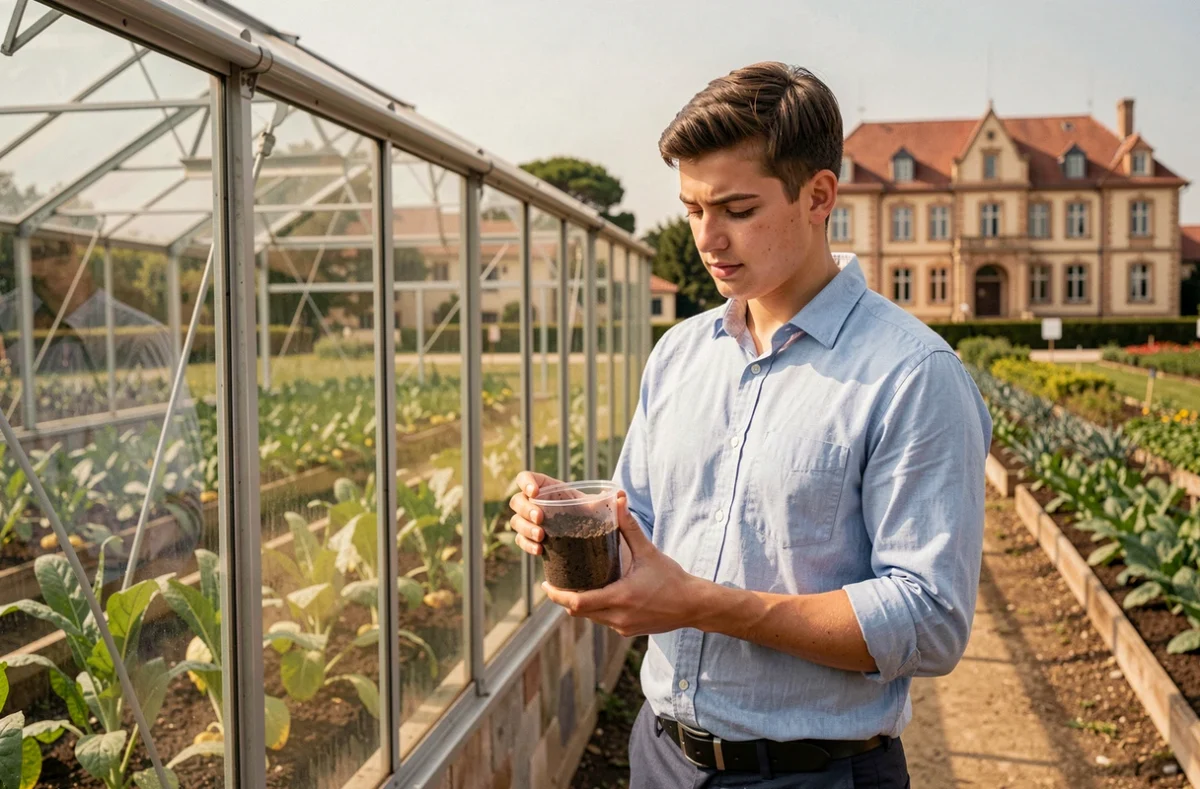 Étudiant de l'INP Purpan examinant des échantillons de sol devant une serre agricole sur le campus d'agro-ingénierie à Toulouse