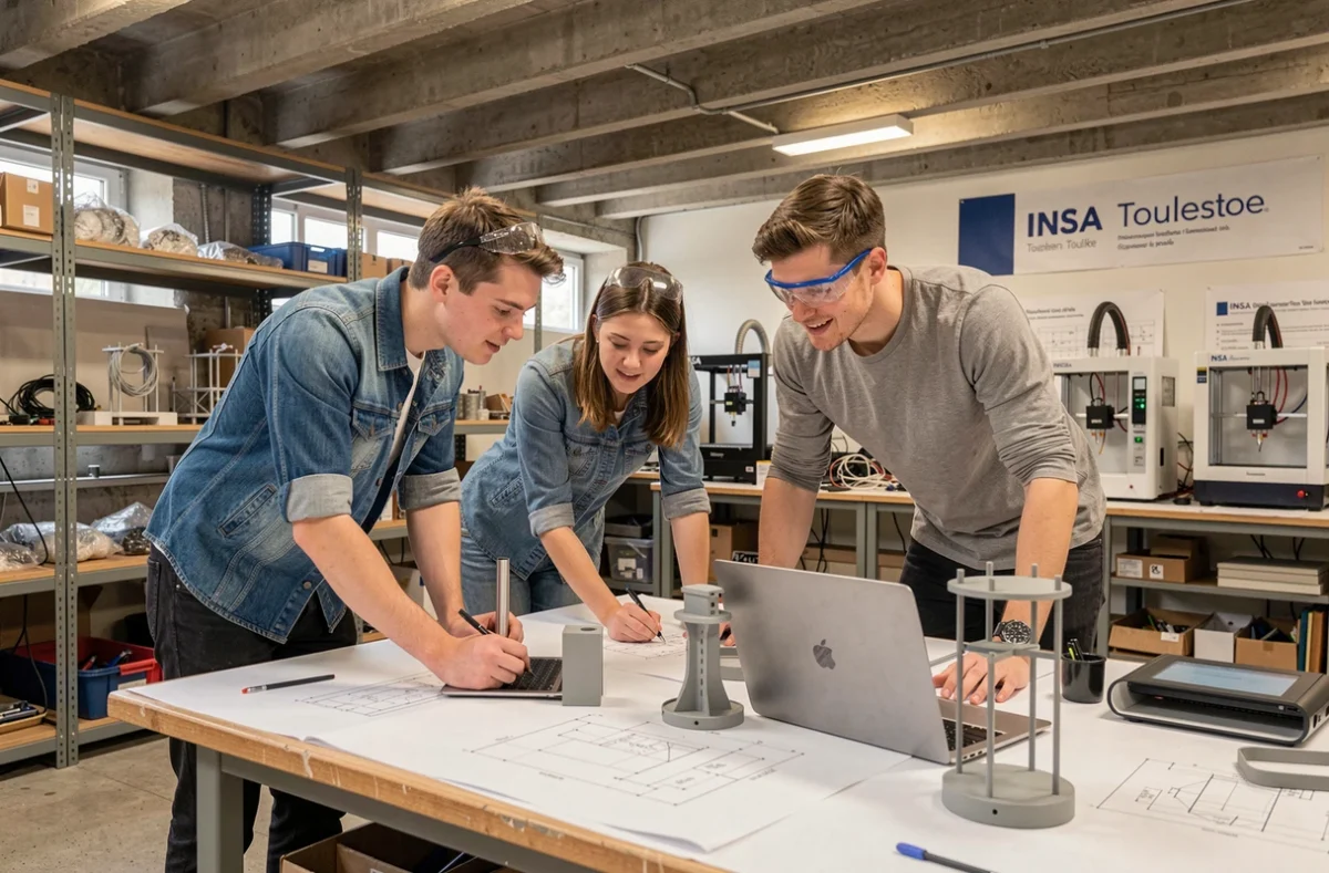 Groupe d'étudiants de l'INSA Toulouse collaborant sur des prototypes et plans d'ingénierie dans un FabLab de l'école