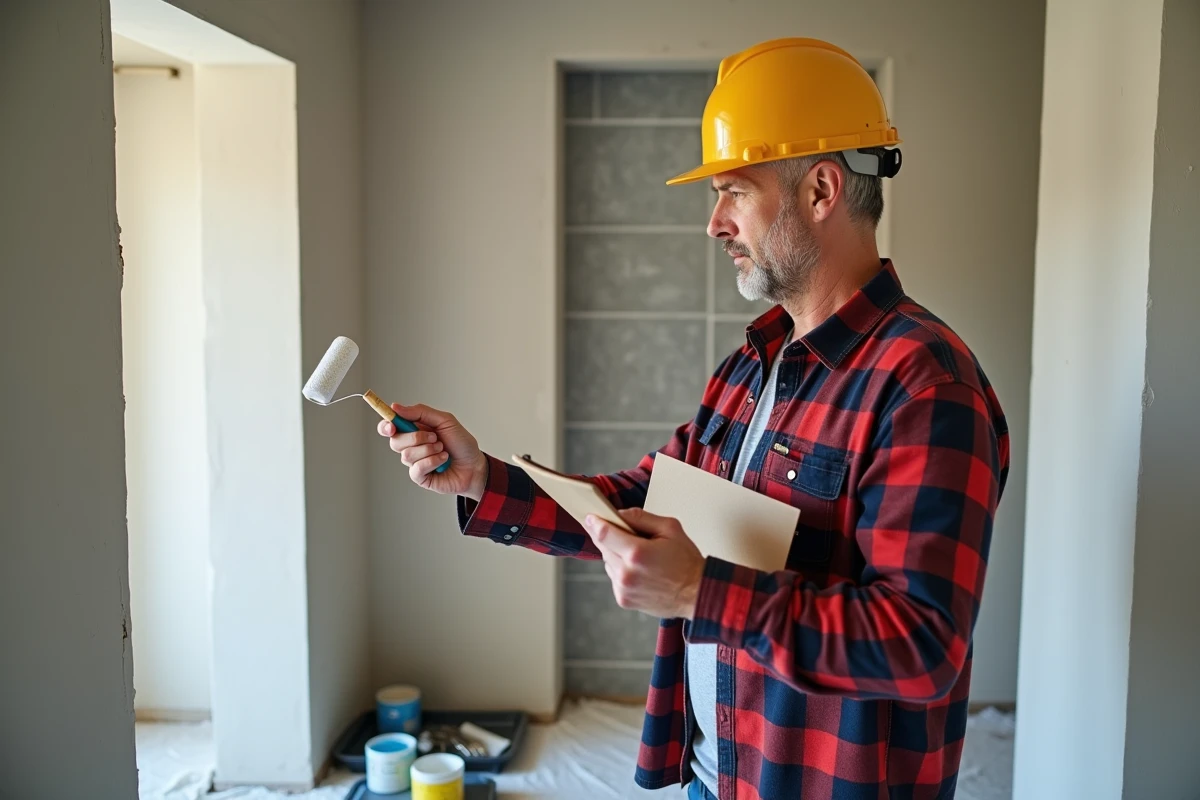 Homme inspectant des travaux de peinture intérieure avec équipements de sécurité dans une maison en rénovation