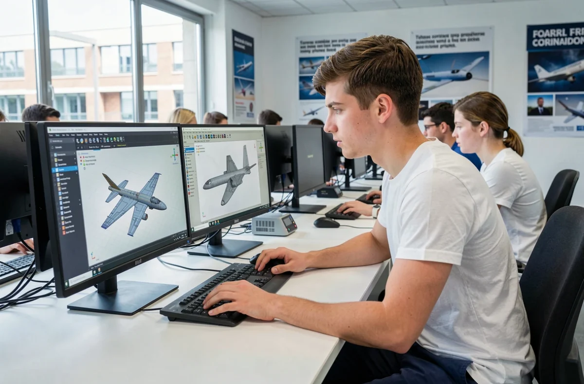 Étudiant de l'IPSA Toulouse concentré sur un logiciel de simulation aéronautique 3D dans une salle informatique moderne du campus
