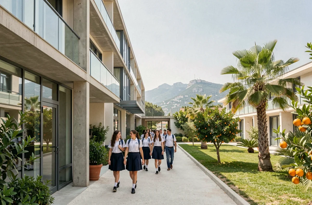 Élèves en uniforme marchant sur le campus moderne de l'IS Nice – International School of Nice avec les collines niçoises et ciel méditerranéen en arrière-plan
