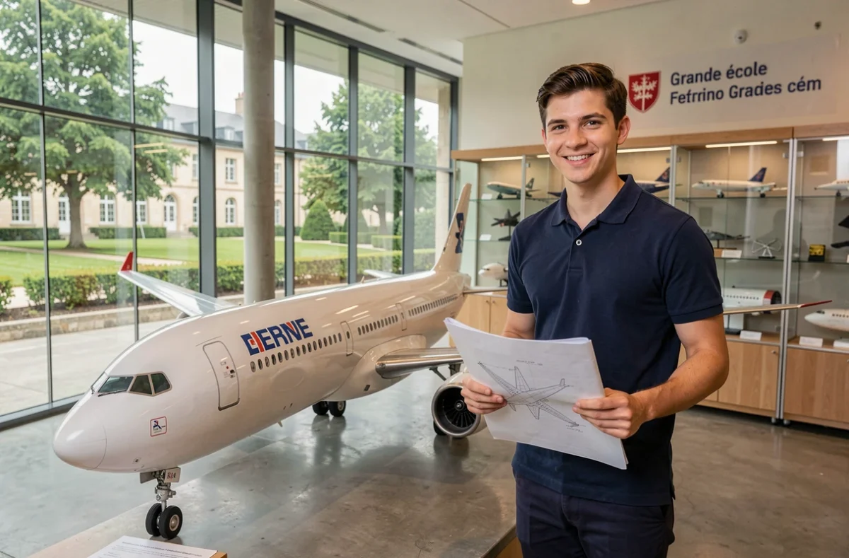 Étudiant en ingénierie aérospatiale de l'ISAE-SUPAERO devant une maquette d'avion dans le hall de l'école à Toulouse