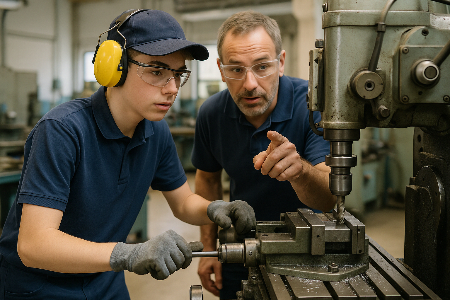 Jeune étudiant en tenue de travail manipulant une machine dans un atelier industriel