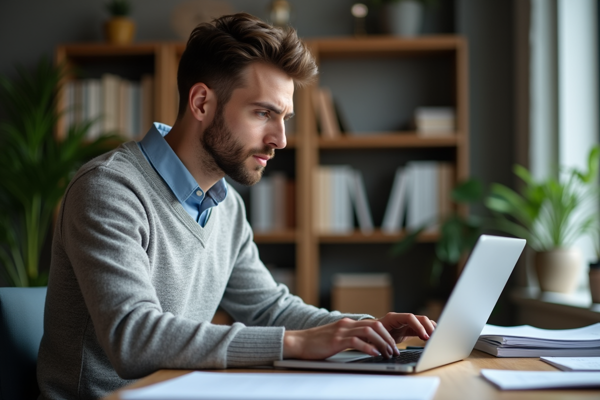 Jeune entrepreneur en vidéo consultation financière à la maison