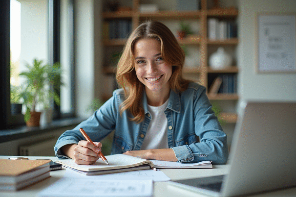 Jeune étudiant étudiant à un bureau moderne avec appareils numériques