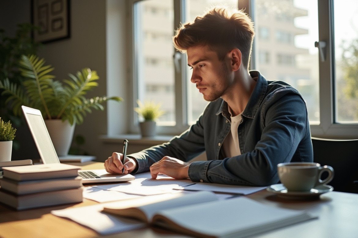 Jeune adulte concentré étudiant avec livres CFA niveau 1