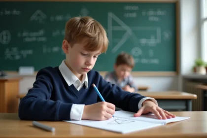 Jeune garçon en classe dessinant une pyramide en mathématiques