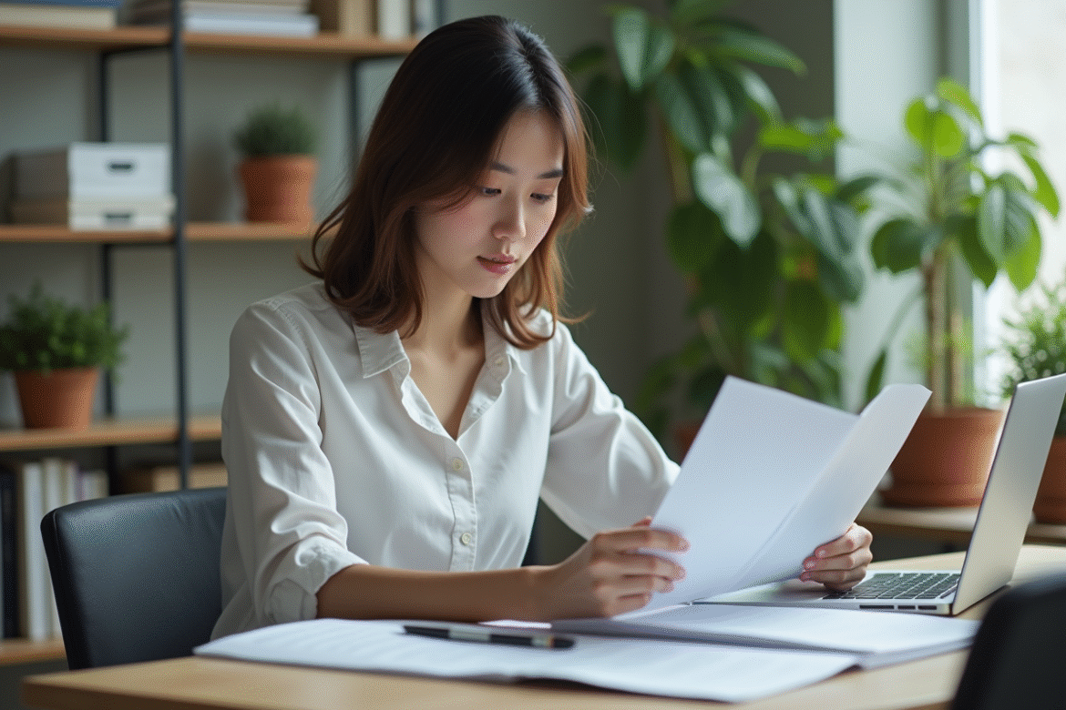 Jeune femme lisant des brochures éducatives dans un bureau lumineux