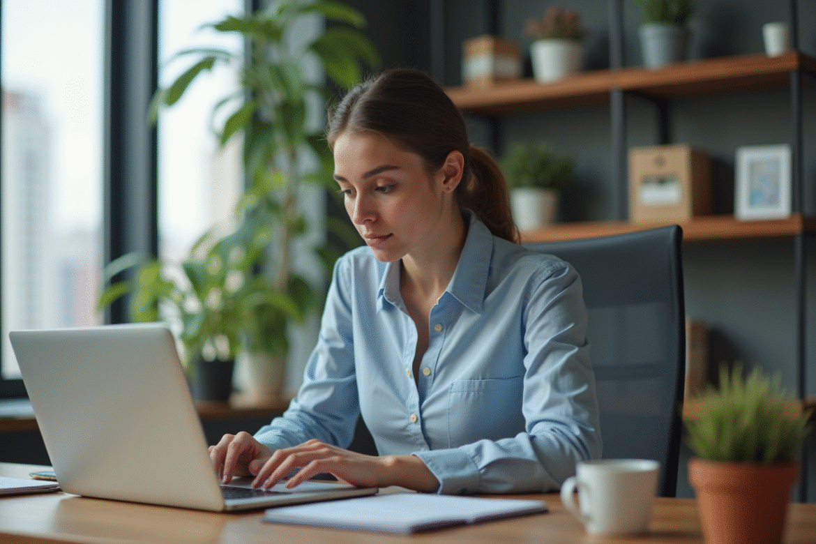 Jeune femme au bureau en train de rédiger son CV