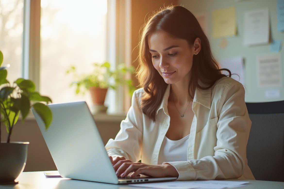 Jeune femme confiante au bureau lumineux avec ordinateur