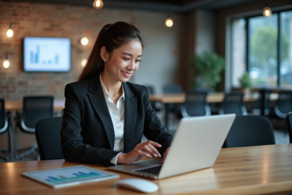 Jeune femme professionnelle travaillant sur un ordinateur dans un espace coworking
