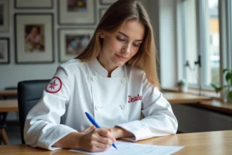 Jeune femme en blouse blanche remplit un formulaire d'inscription