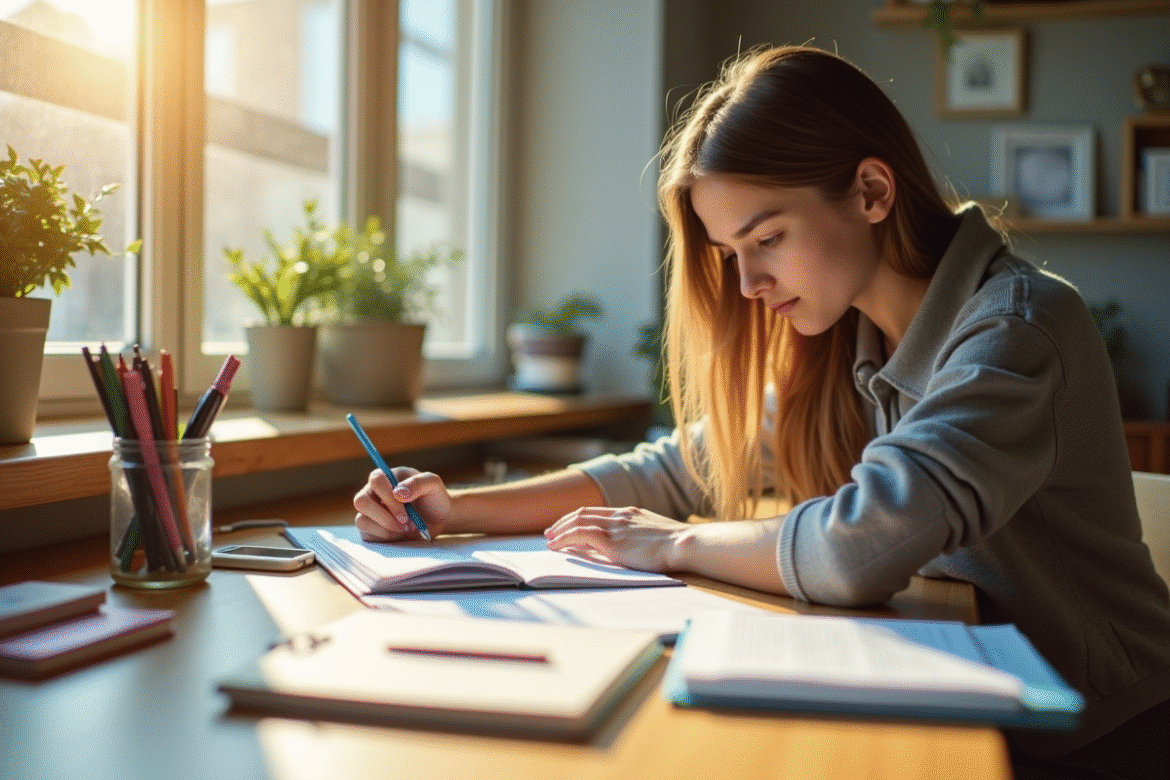 Jeune femme étudiant à un bureau lumineux avec livres et stylos