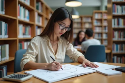Jeune femme concentrée dessinant des cercles en bibliothèque