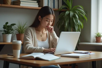 Jeune femme concentrée sur son ordinateur dans une chambre d'étudiant
