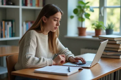 Jeune femme concentrée utilisant un ordinateur avec Moodle dans une salle moderne