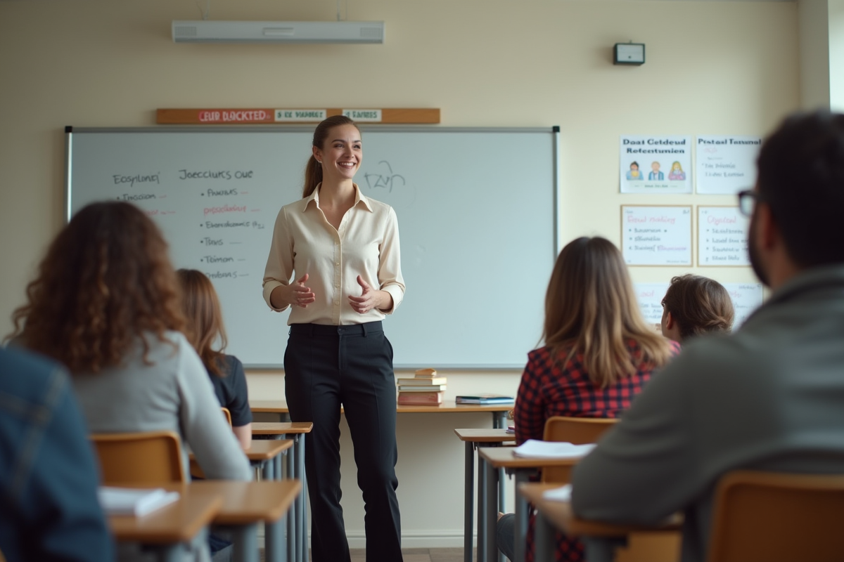 Jeune femme en formation devant tableau dans une salle