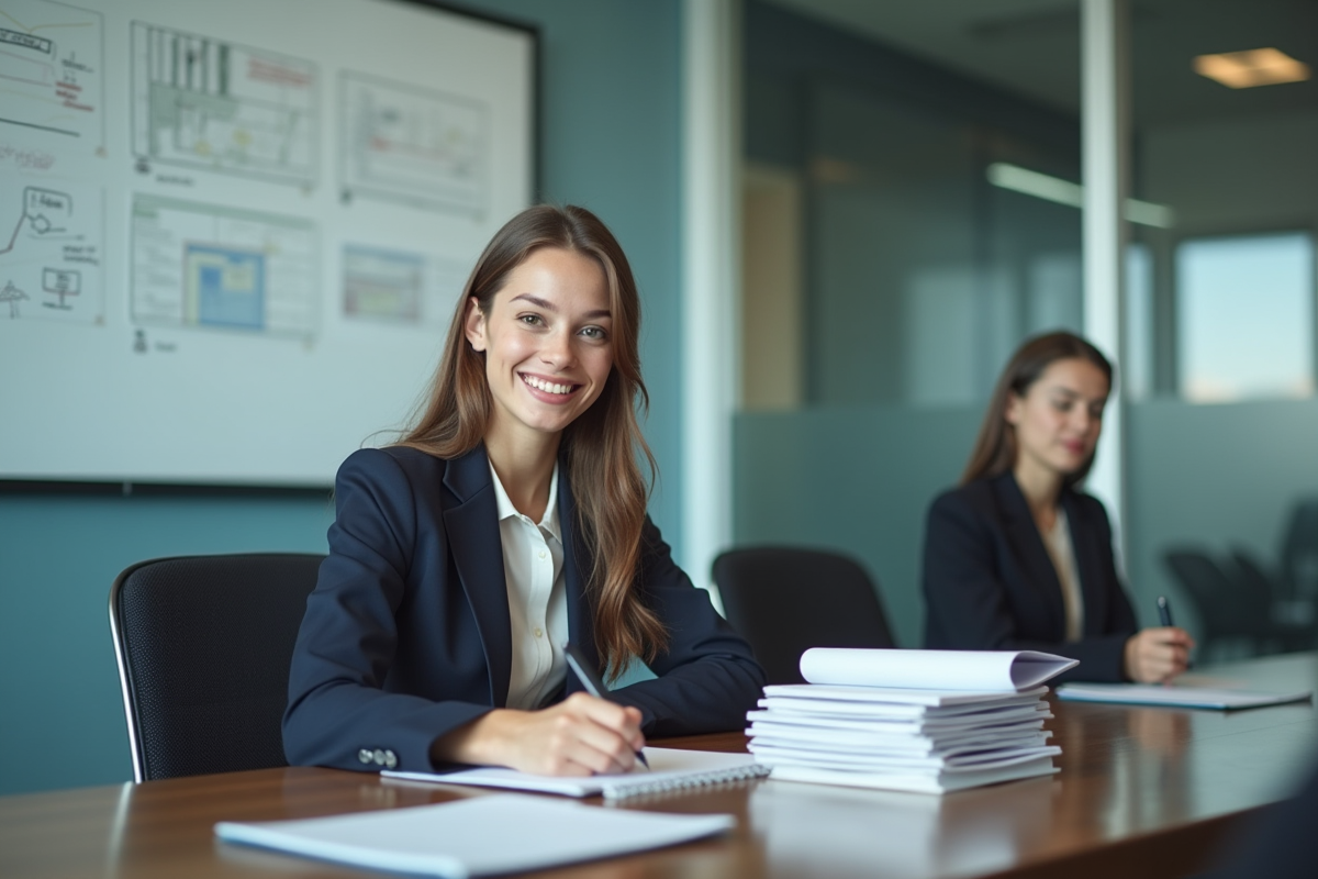 Jeune femme stagiaire en réunion prenant des notes