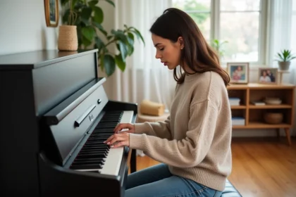 Femme assise au piano numérique dans un salon chaleureux