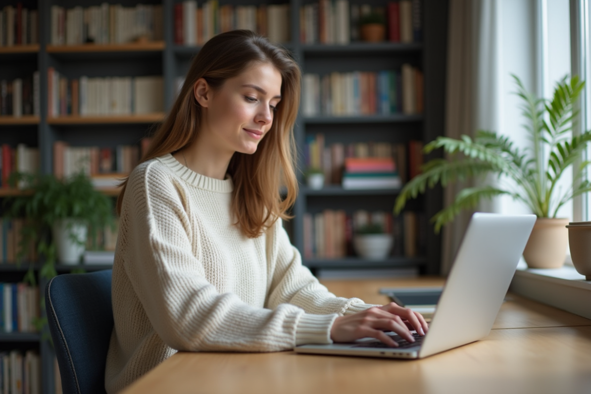Jeune femme concentrée travaillant sur son ordinateur à la maison