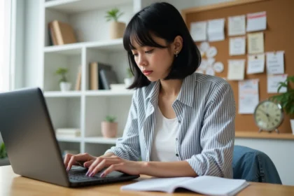 Jeune femme concentrée sur son ordinateur dans un bureau lumineux