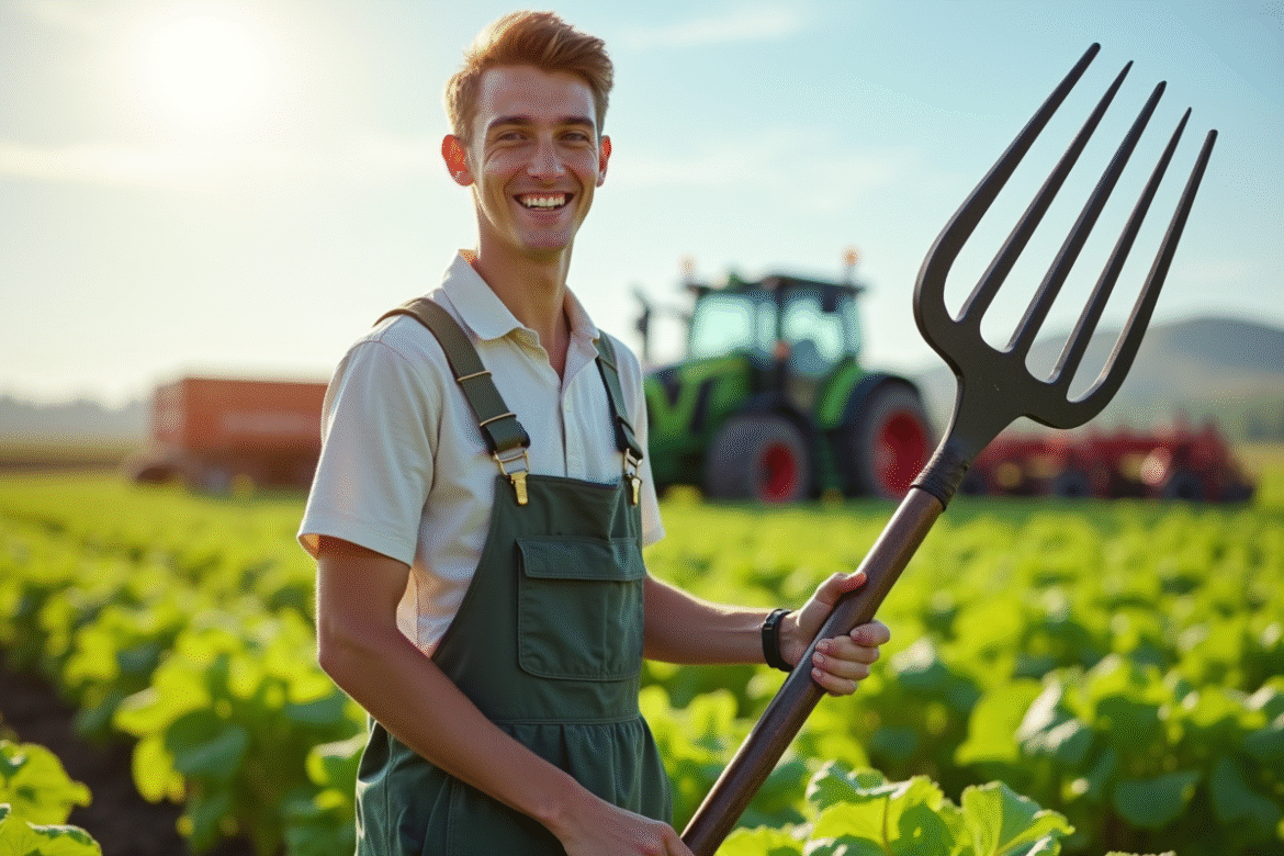 Jeune fermier souriant dans un champ de légumes avec un fourche