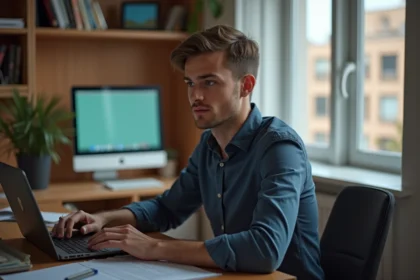 Jeune homme étudiant dans un appartement moderne