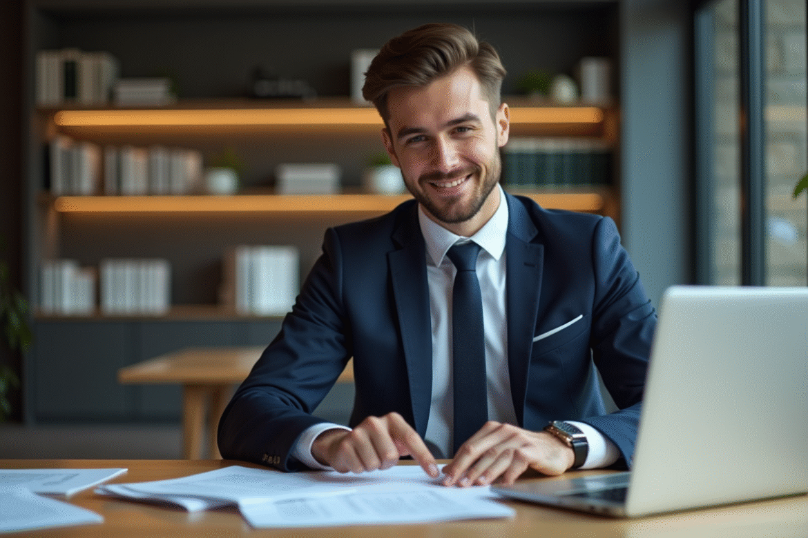 Jeune homme en costume dans un bureau moderne analysant des documents financiers