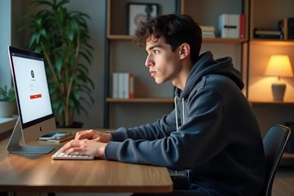 Jeune homme frustré devant un ordinateur portable dans un bureau moderne
