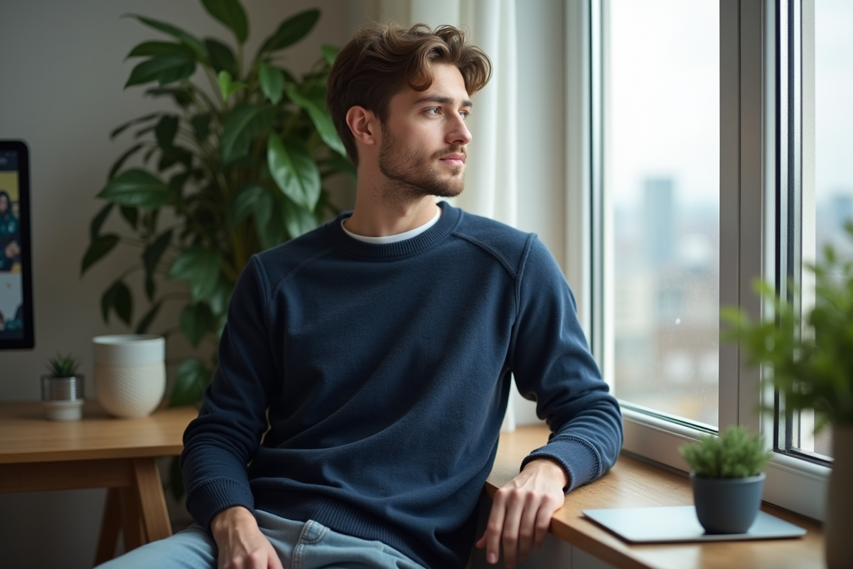 Jeune homme détendu dans un bureau à domicile lumineux