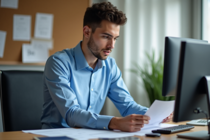 Jeune homme stagiaire au bureau attentif à ses documents