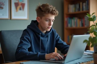 Adolescent en hoodie assis à son bureau en configurant son ordinateur