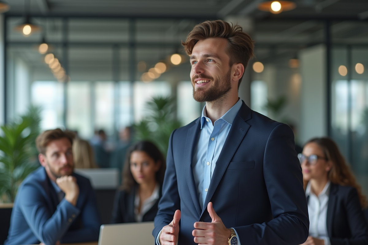 Jeune professionnel parlant à une équipe dans un open space