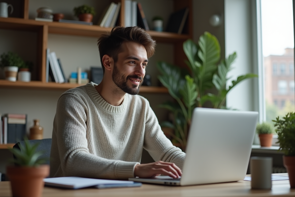 Jeune homme en formation en ligne à la maison