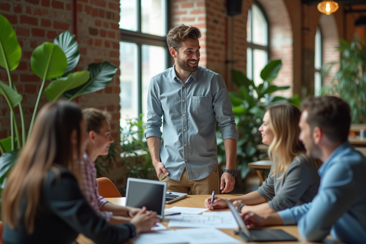 Jeune homme guidant une équipe lors d