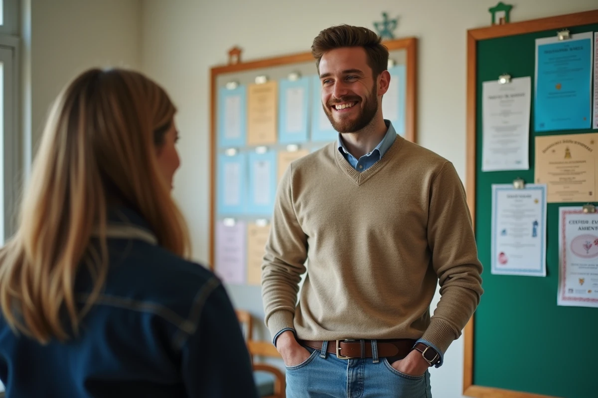 Jeune homme discute avec un coordinateur bénévole dans un centre communautaire