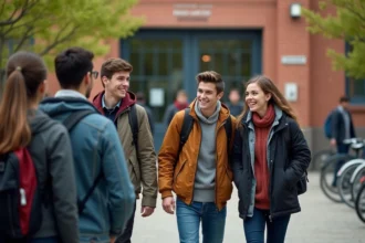 Groupe de lycéens discutant devant l'entrée de l'école