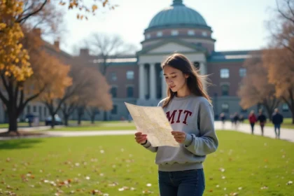 Étudiante consultant un plan du campus du MIT à Boston avec le Grand Dôme en arrière-plan lors d'une journée d'automne
