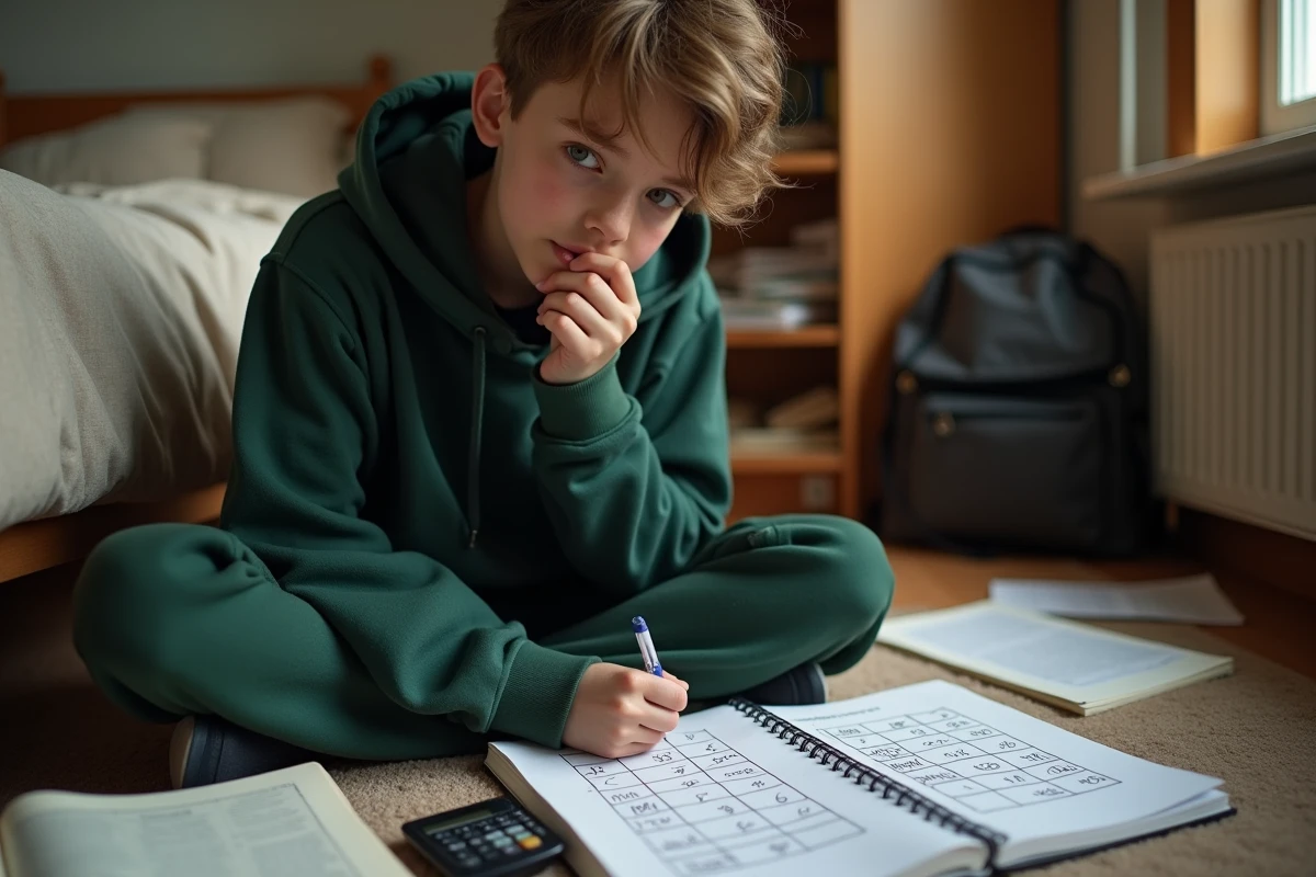 Lycéen assis sur le sol de sa chambre en train de convertir des notes sur 10, 20 et 40 avec un tableau manuscrit et une calculatrice