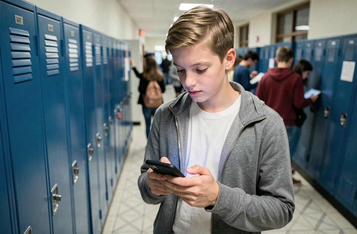 Lycéen naviguant sur l'ENT Rochelle via son smartphone dans le couloir de son lycée en Nouvelle-Aquitaine