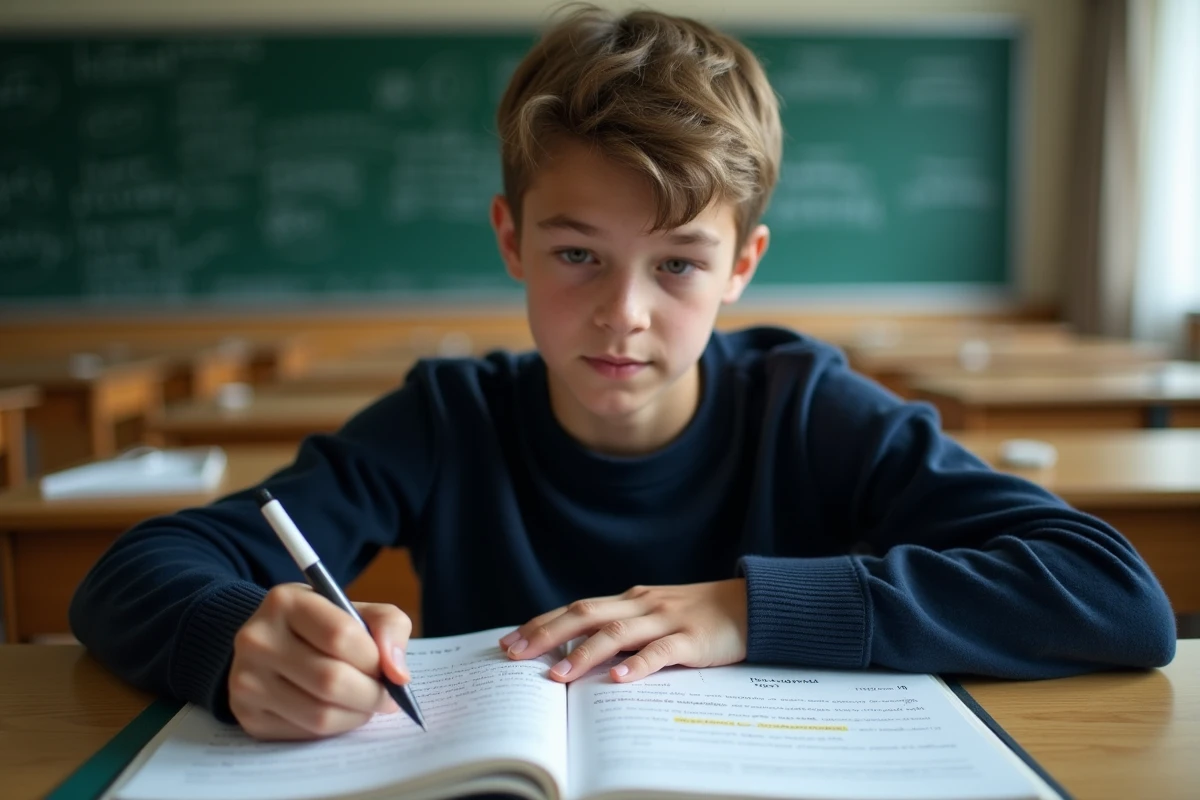 Lycéen préparant les figures de style pour l'épreuve du bac de français en classe