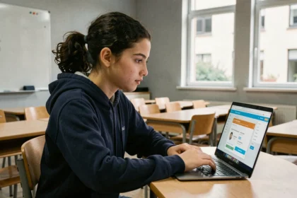 Lycéenne consultant l'ENT Rochelle sur son ordinateur portable en salle de classe en Nouvelle-Aquitaine