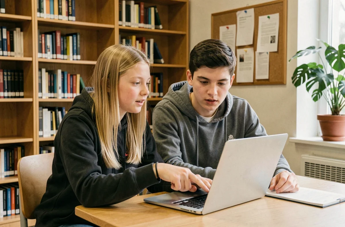Deux lycéens utilisant ensemble l'ENT Rochelle sur un ordinateur portable dans la bibliothèque de leur établissement en Nouvelle-Aquitaine