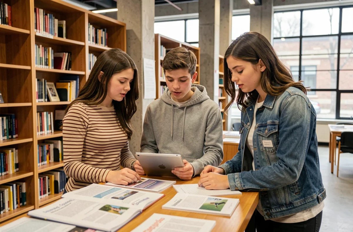 Groupe de lycéens consultant des documents sur les titres professionnels et diplômes dans une bibliothèque scolaire moderne