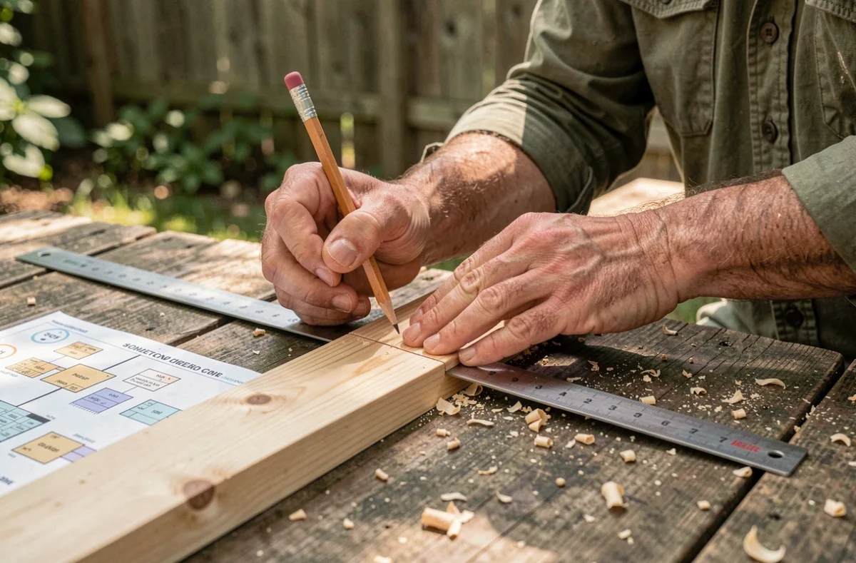 Mains expertes d'un bricoleur mesurant une planche en bois avec précision selon un guide de formation avancée